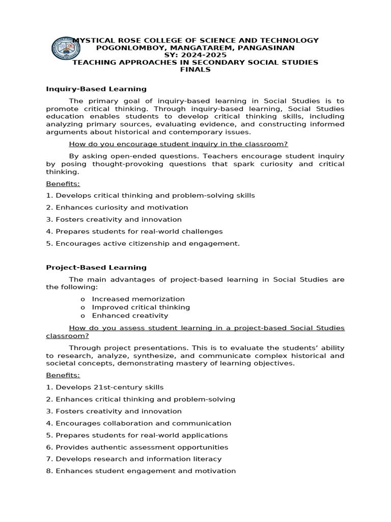 Teaching Approaches in Social Studies | PDF | Inquiry Based Learning ...