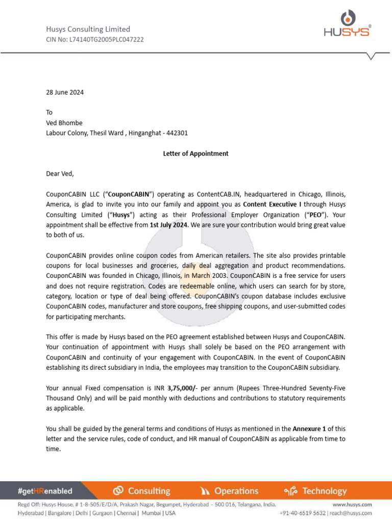 Appointment Letter for Content Executive I | PDF | Employment | Salary