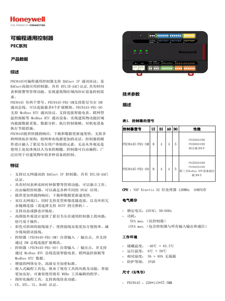 PEC系列 BACnet IP 通用控制器 | PDF