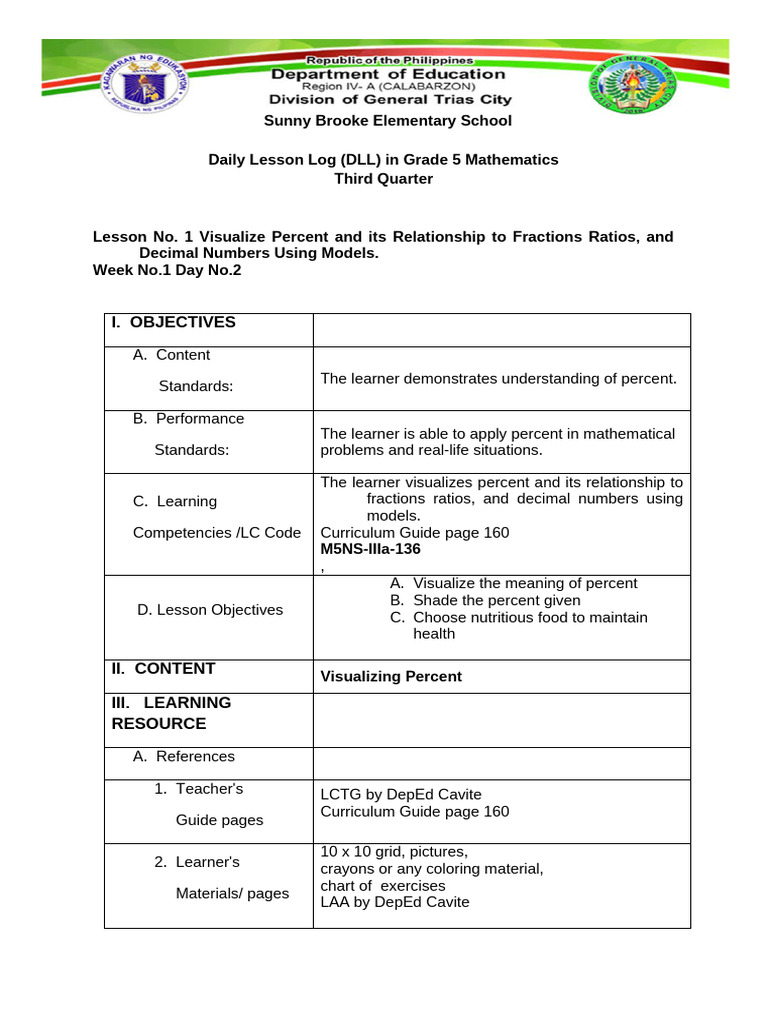 Grade 5 Math: Visualizing Percent Lessons | PDF | Learning | Curriculum