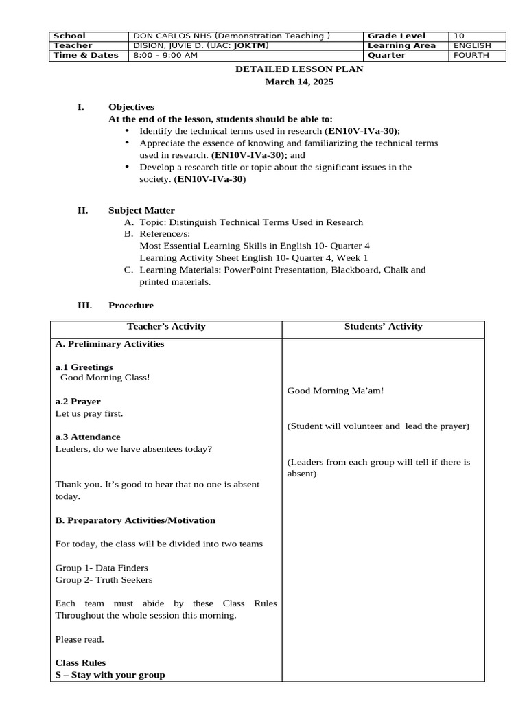 Lesson Plan Technical Terms Used in Research | PDF | Methodology ...
