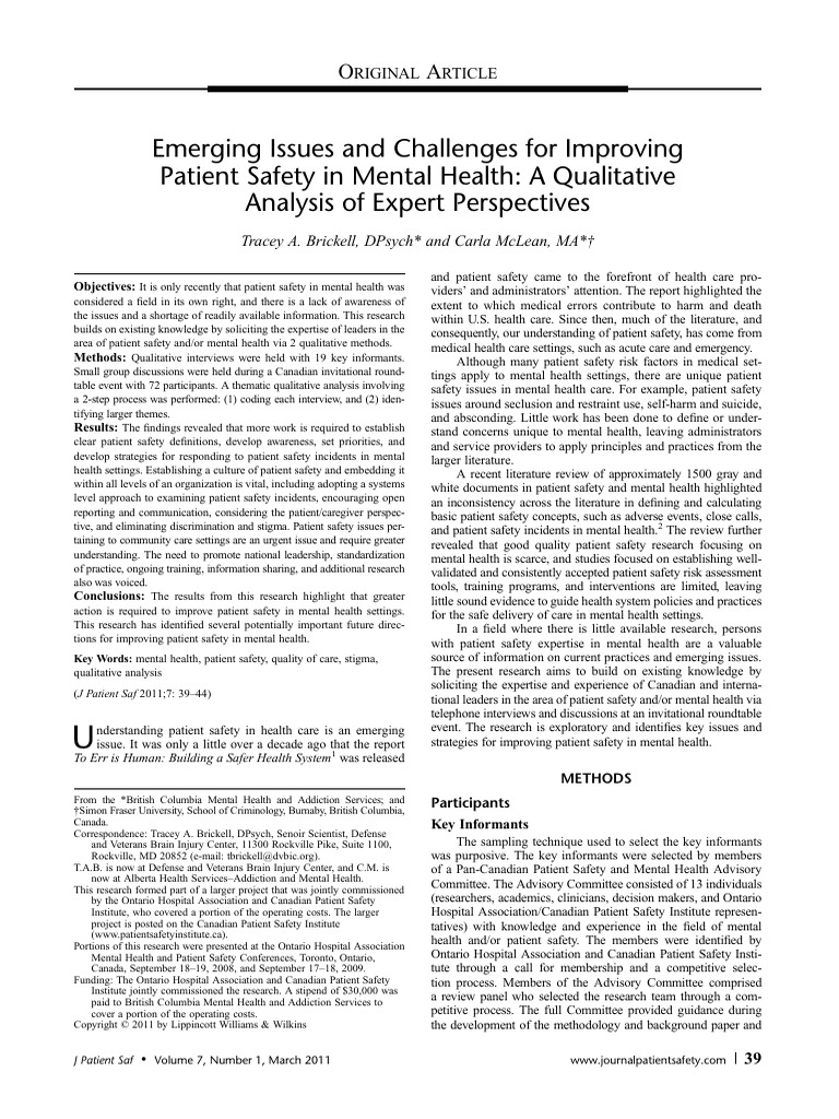 Patient Safety Challenges in Mental Health | PDF | Patient Safety ...