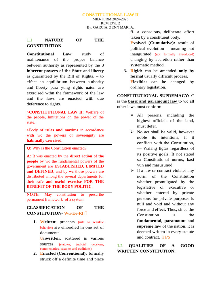 Constitutional Law II Mid-Term Reviewer | PDF | Police Power (United ...