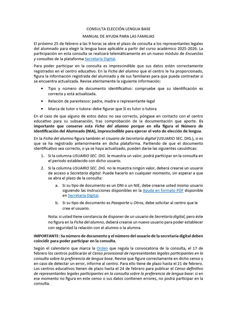 Consulta para elegir lengua base 2025-2026 | PDF