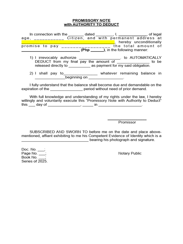 Promissory Note with Deduction Authority | PDF
