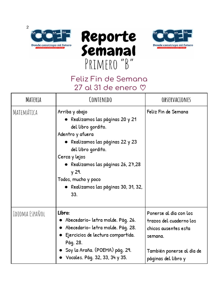 Actividades Educativas del 27 al 31 de enero | PDF
