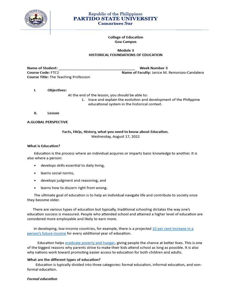 Historical Foundations of Education Module | PDF | Literacy