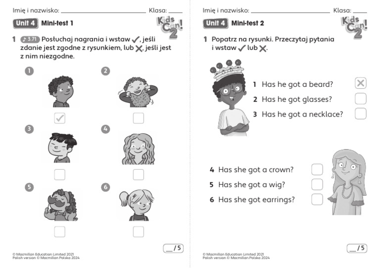 Kids Can 2 - Mini-Tests - Unit 4 | PDF