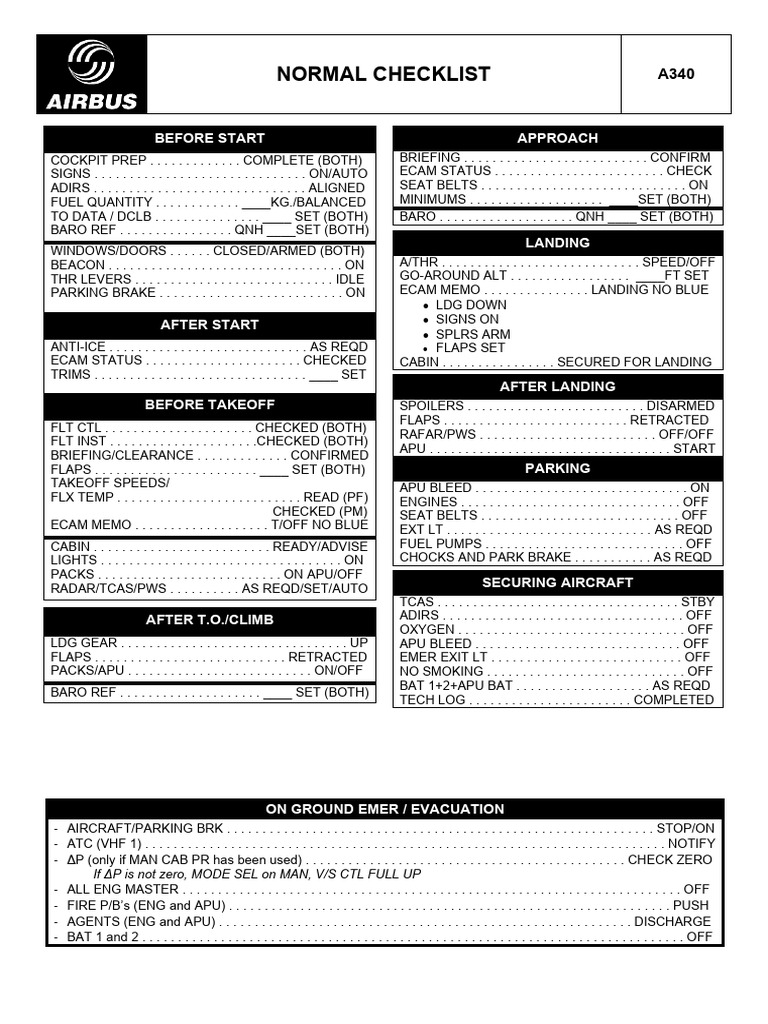 A340 Normal Checklist Overview | PDF | Man Made Disasters | Transport
