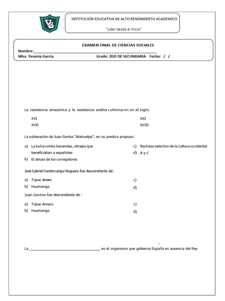Examen Final de Ciencias Sociales 2° Sec. | PDF | América del Sur