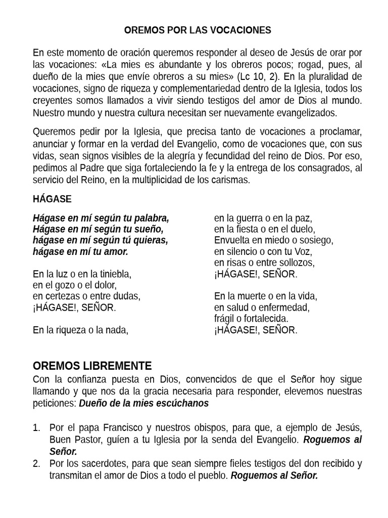 Oración por Vocaciones en la Iglesia | PDF | Oración | María, madre de ...