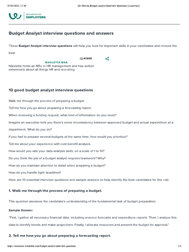 Essential Budget Analyst Interview Questions | PDF | Budget | Data Analysis