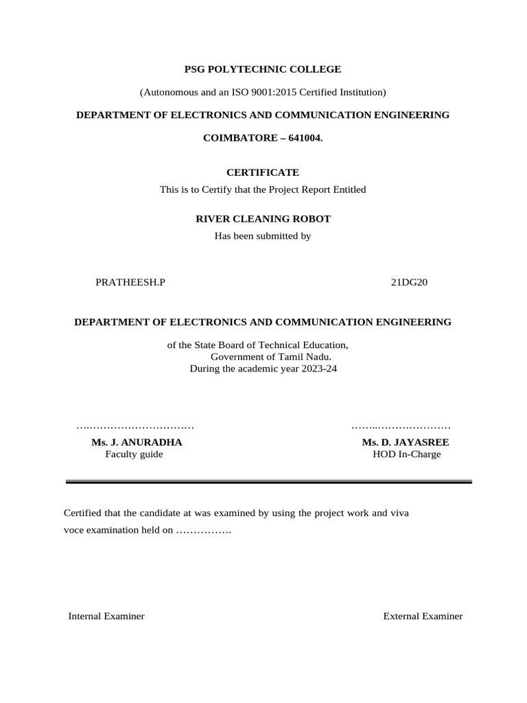Tamil Nadu Polytechnic Project Certificate | PDF