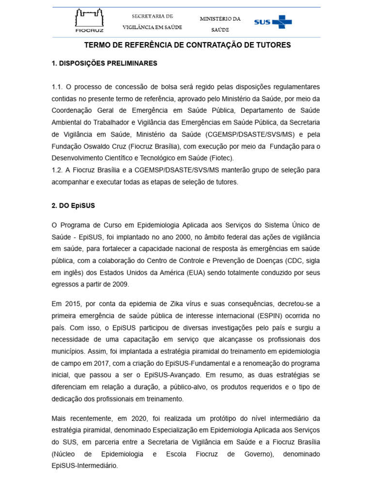 Termo de Referência para Tutores EpiSUS | PDF | Epidemiologia | Aprendizado