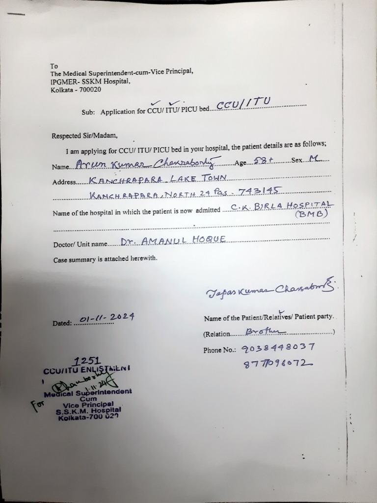Application for CCU Bed at SSKM Hospital | PDF