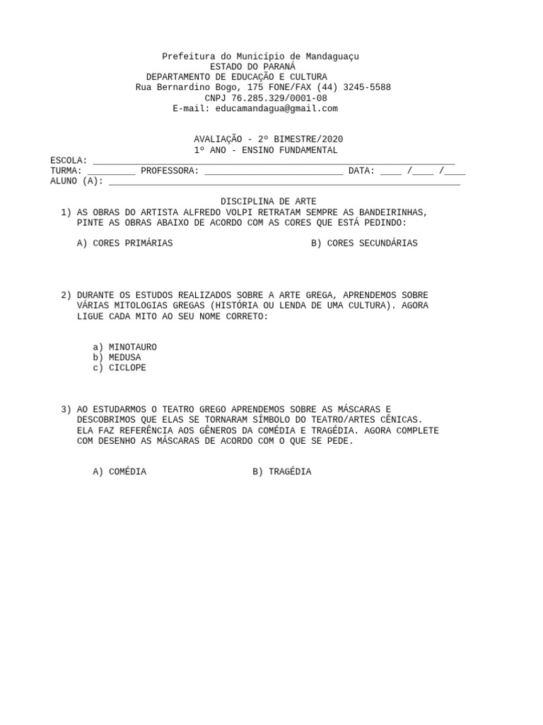 Avaliação de Artes - 1º Ano 2º Bimestre | PDF