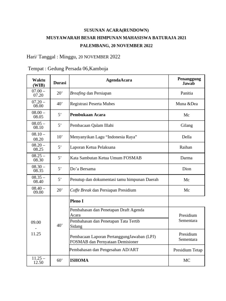 Rundown Mubes Himpunan Mahasiswa 2022 | PDF