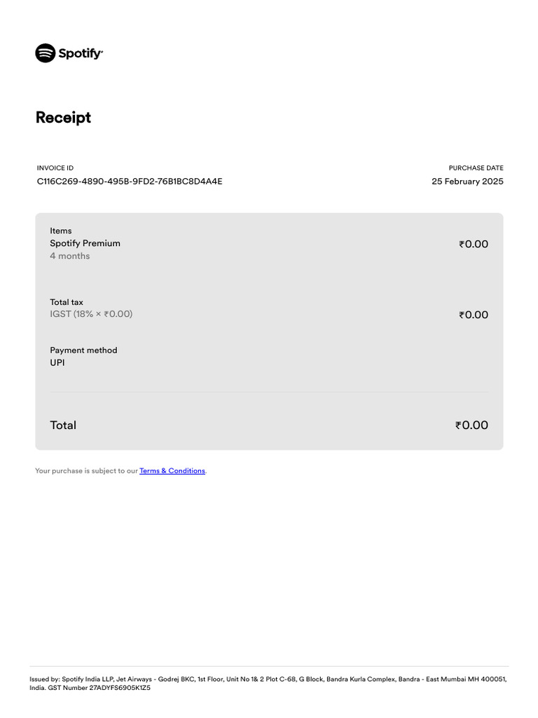 Spotify Premium Invoice Receipt | PDF