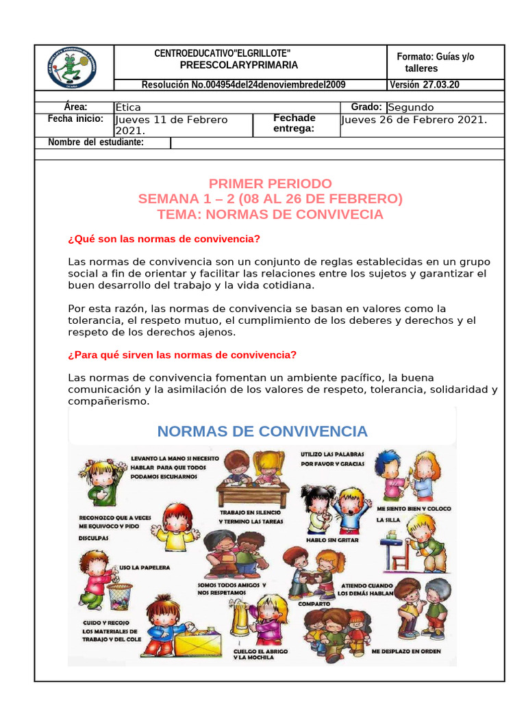Normas de Convivencia Escolar para Niños | PDF