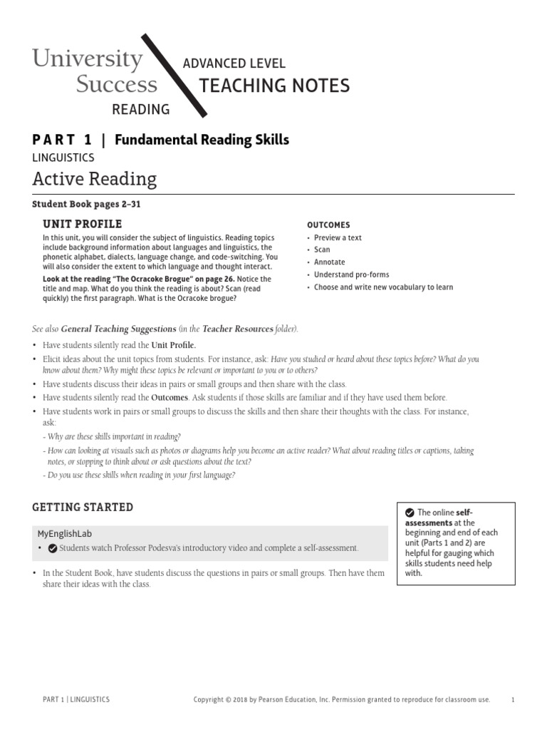US Reading Adv Teaching Notes P1 LIN | PDF | Reading Comprehension ...