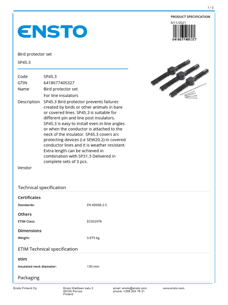 SP45.3 Bird Protector Set Specification | PDF | Electricity ...