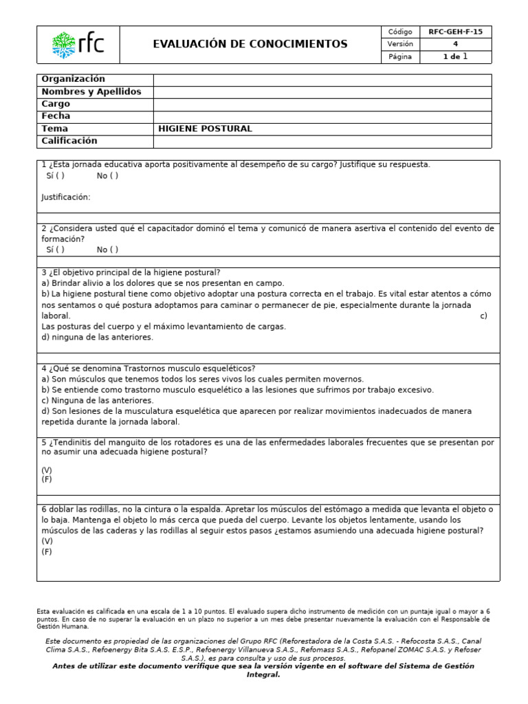 Evaluación de Higiene Postural Laboral | PDF | Dolor lumbar | Músculo