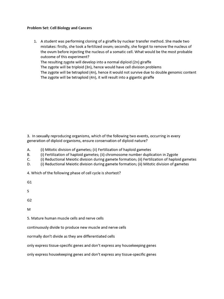 Cell Biology and Cancer Problem Set | PDF | Ploidy | Mitosis