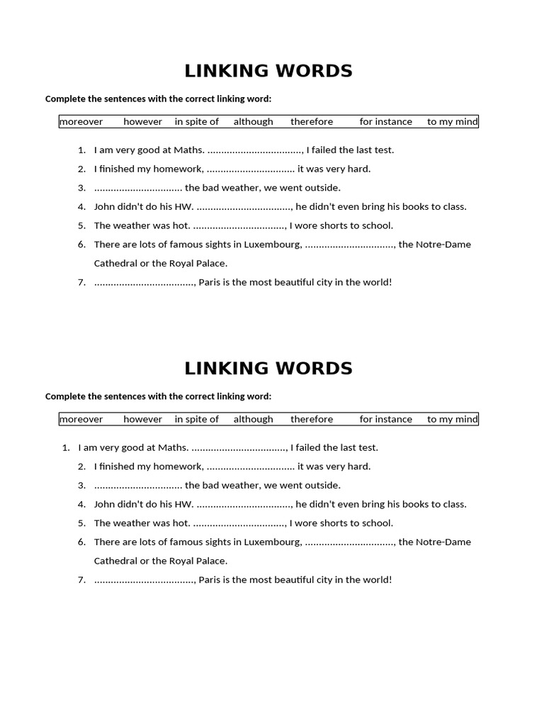 Linking Words Exercises for 6th Grade | PDF