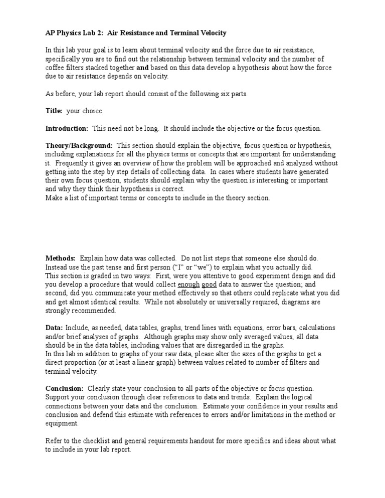 Air Resistance Lab PDF Drag (Physics) Velocity