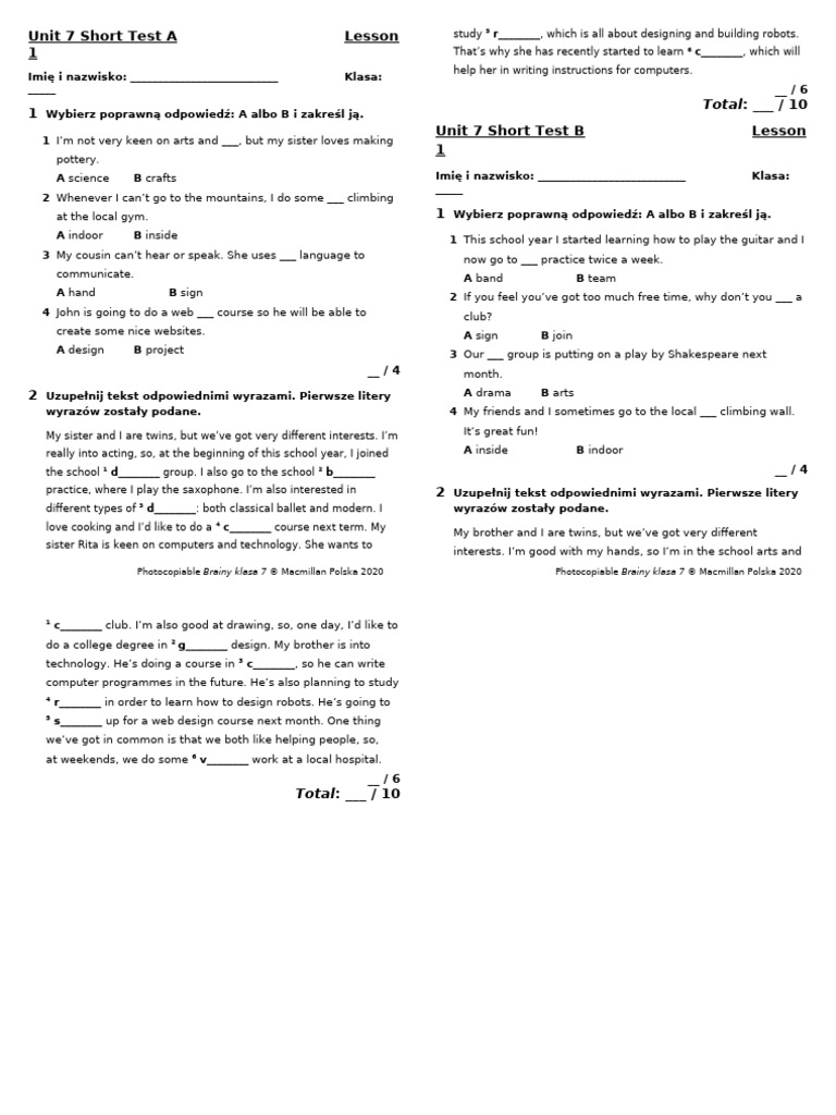 Unit 7 Short Test for Brainy 7 | PDF
