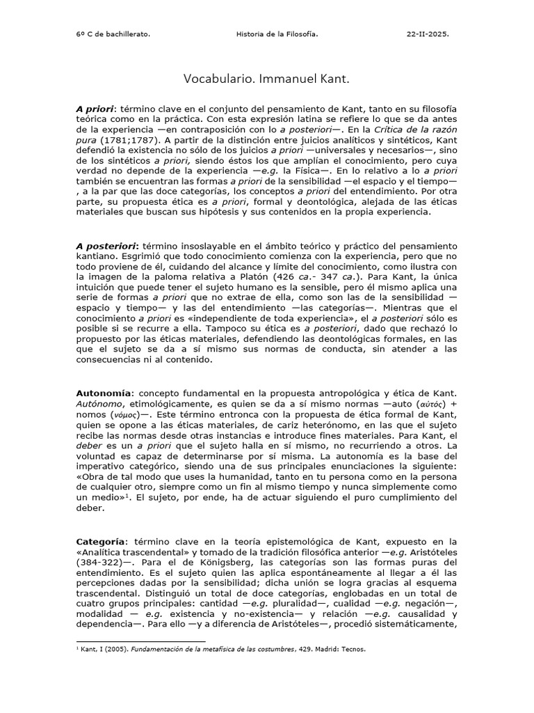 Vocabulario de Kant en Filosofía | PDF | Immanuel Kant | A priori y a ...