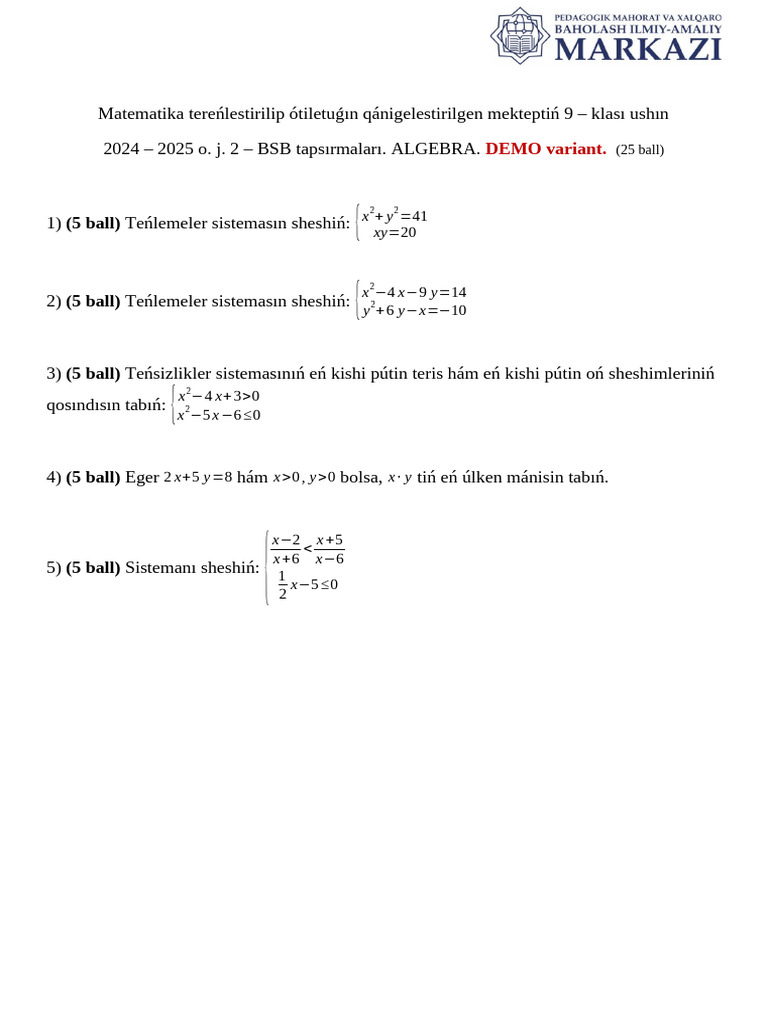 9-Klass I Chorak BSB-2 Algebra Ixtisos Demo | PDF