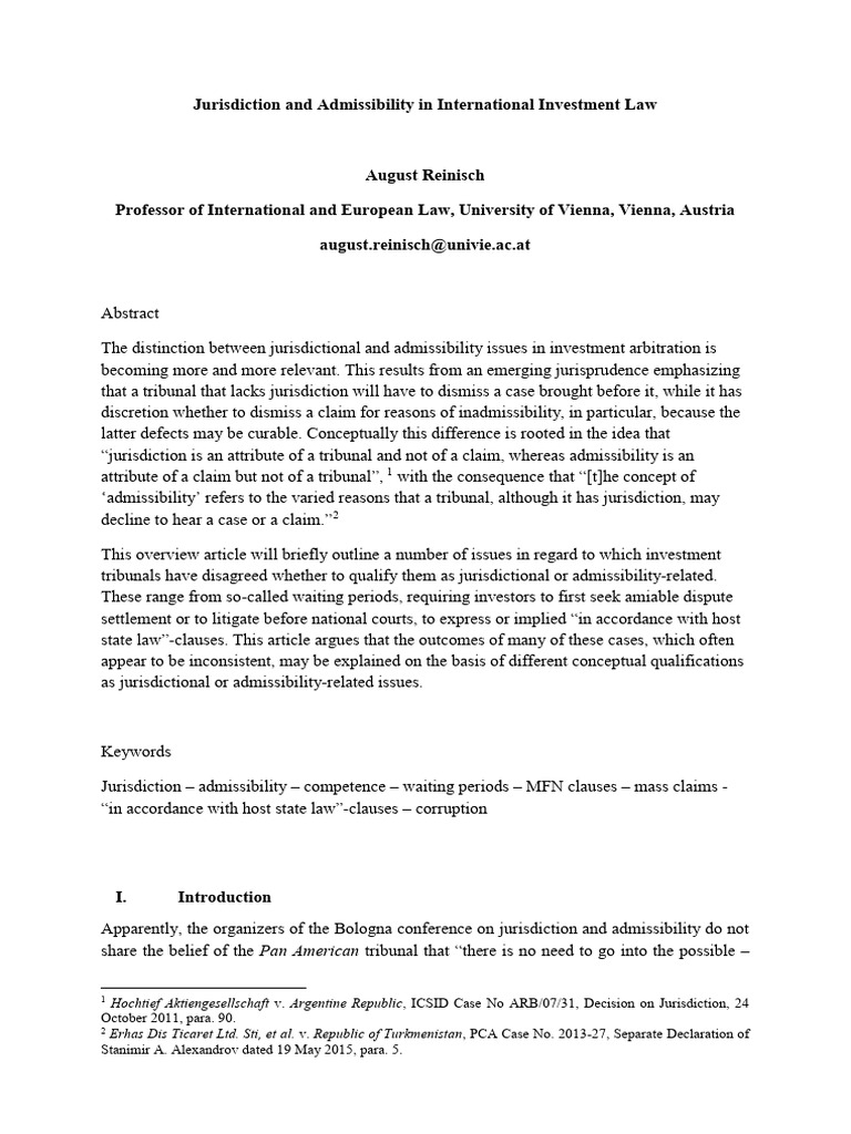 Jurisdiction vs. Admissibility in Investment Law | PDF | Arbitration ...