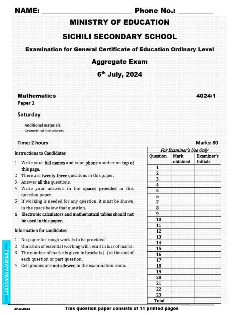 Gce Maths p1 Aggregate Exam - 2024 | PDF | Longitude | Geometry
