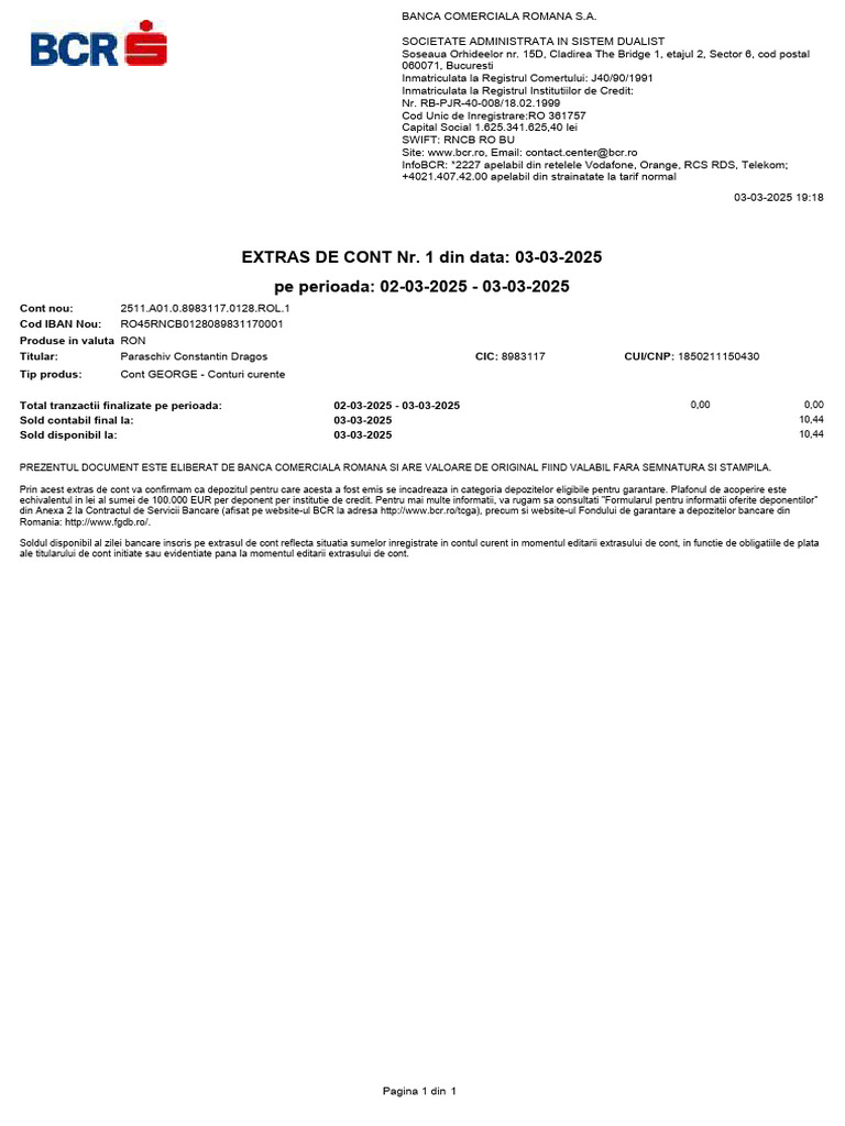 Pe Perioada: 02-03-2025 - 03-03-2025 EXTRAS DE CONT Nr. 1 Din Data: 03 ...