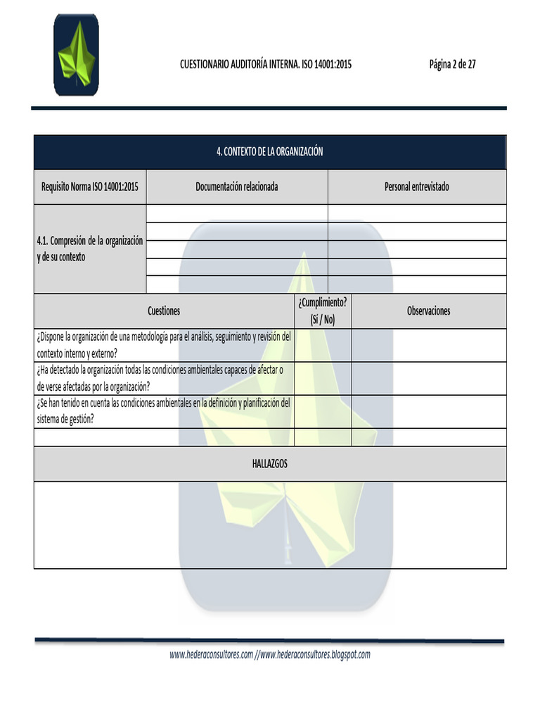 Cuestionario Auditoría Interna ISO 14001 | PDF | Auditoría | Planificación