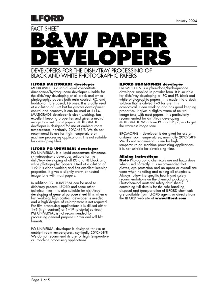 Ilford Black & White Developer Guide | PDF | Paper