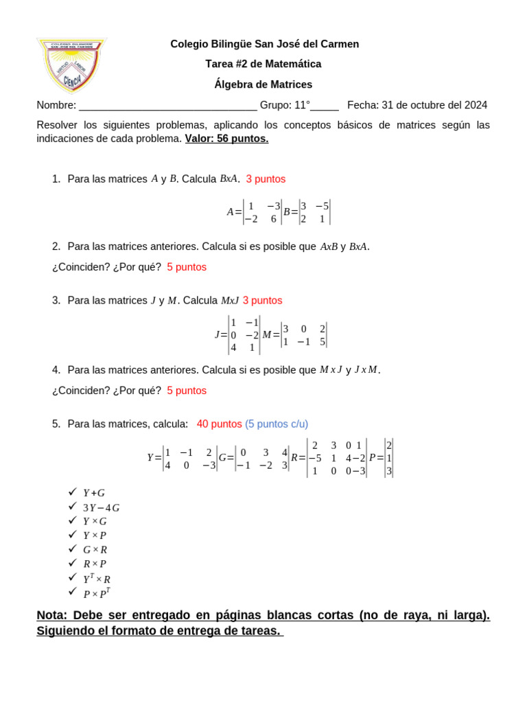 Tarea de Álgebra de Matrices 11° | PDF
