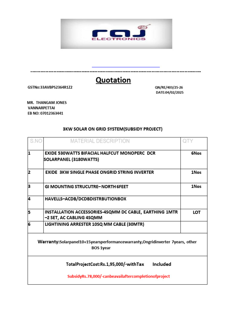 3KW Solar On-Grid System Quotation | PDF