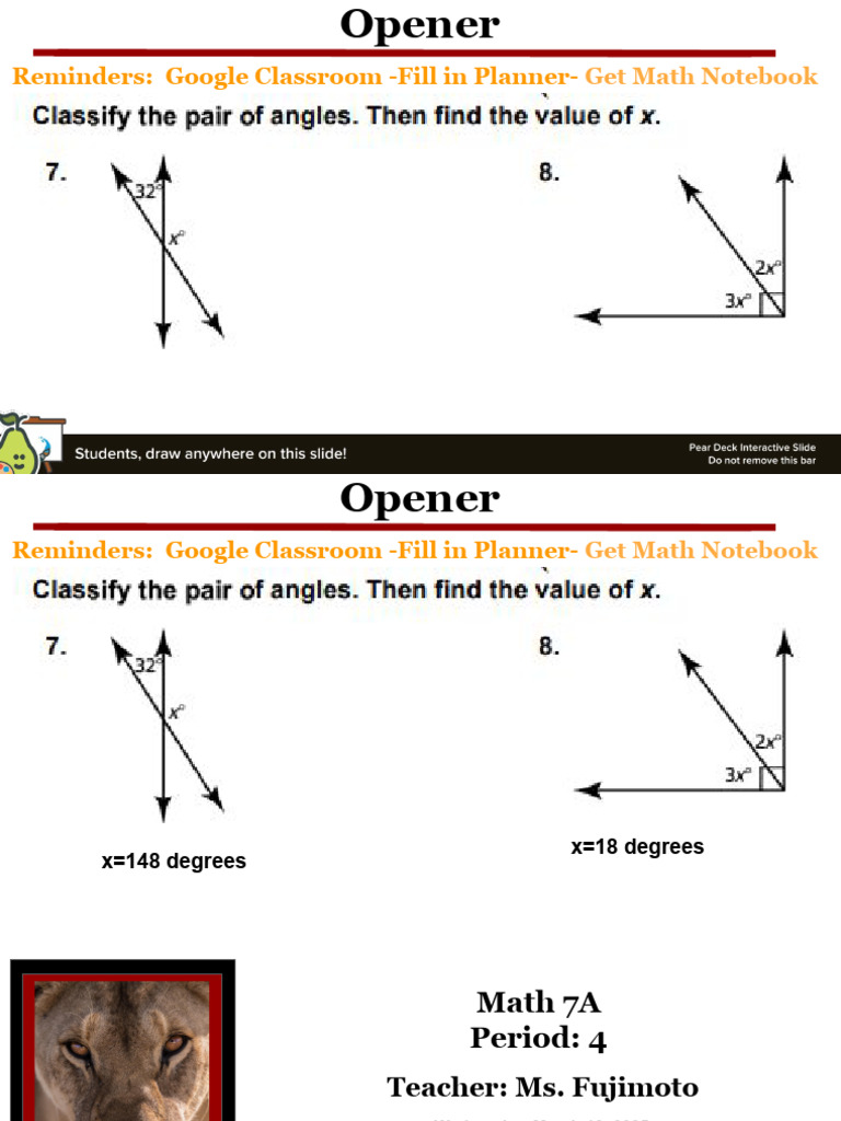 03 - 12 9.5.3 Finding Unknown Angle Measures Math 7A (Google Slides) | PDF