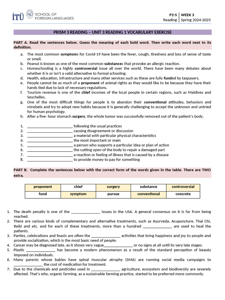 Prism 3 Reading - Unit 3 R1 Vocabulary Exercise (Instructor's Copy ...