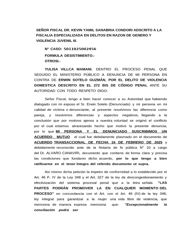 Desistimiento en Caso de Violencia Doméstica | PDF | Justicia | Crimen ...