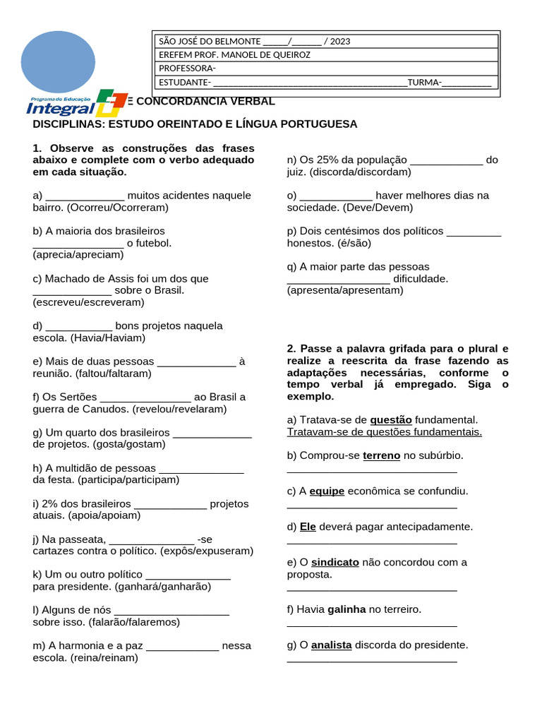 ATIVIDADE SOBRE CONCORDÂNCIA VERBAL 7 ANO | PDF