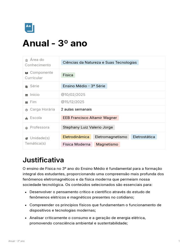 Plano de Aula Anual - 3 - Ano | PDF | Física | Eletricidade