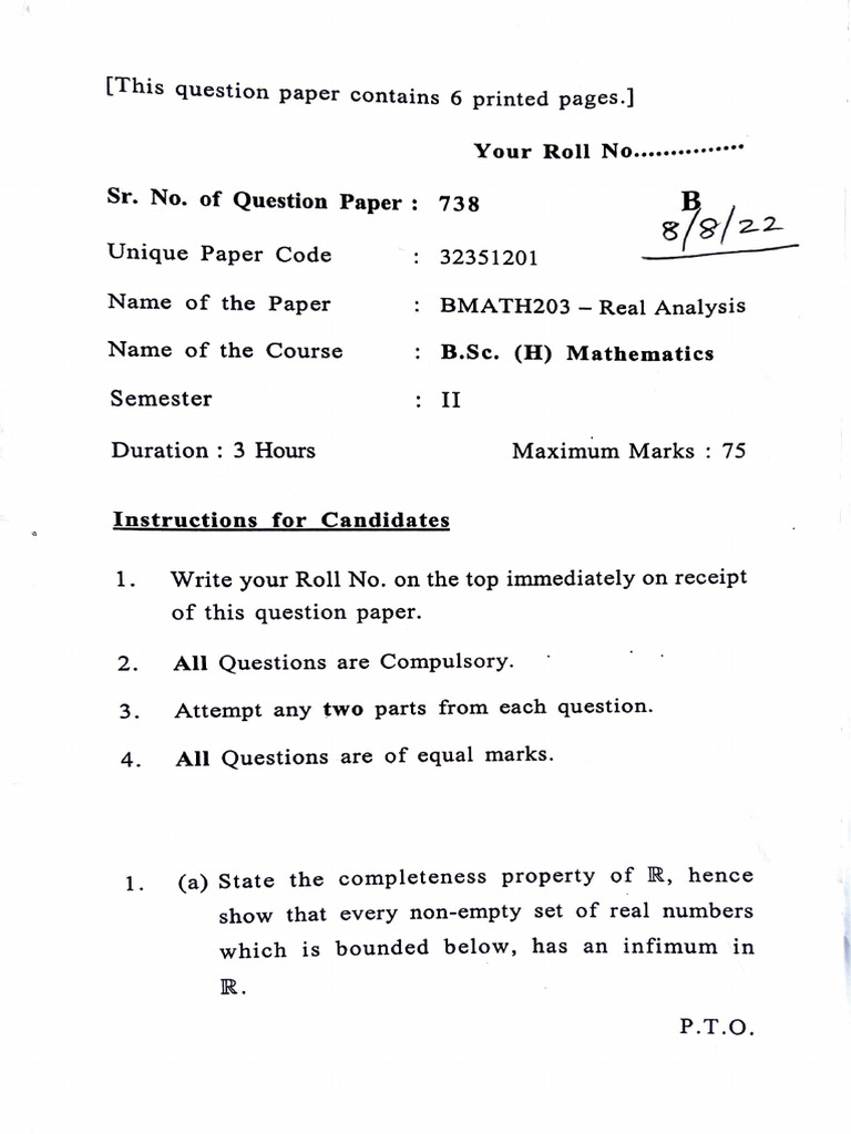 Real Analysis Question Paper 2023 | PDF | Interval (Mathematics) | Numbers