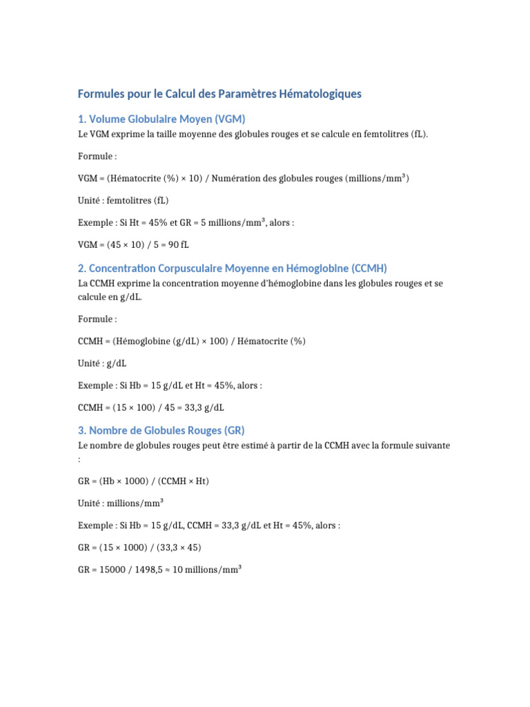 Formules de VGM et CCMH en Hématologie | PDF