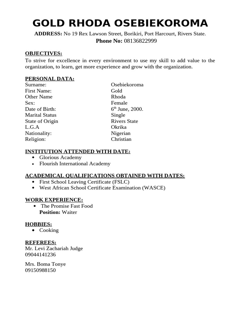 Gold Osebiekoroma CV Summary | PDF