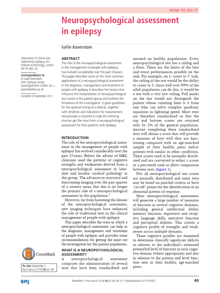 Neuropsychological Assessment in Epilepsy | PDF | Neuropsychological ...