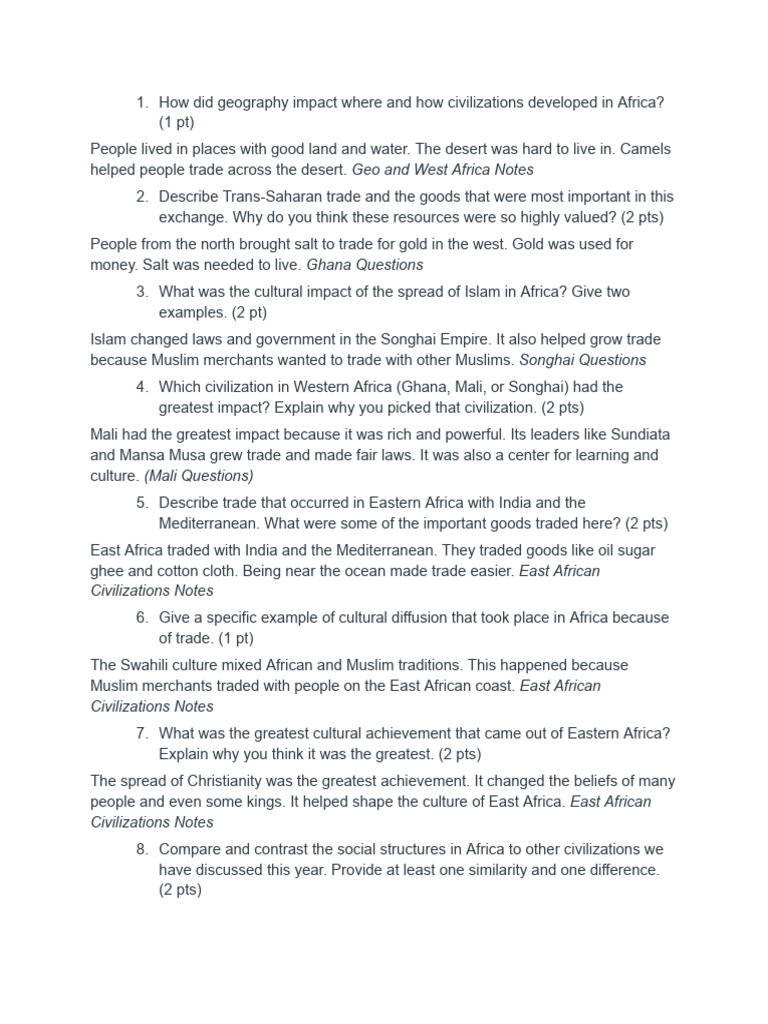 African Civilizations Recap Assignment (DUE 3 - 7) | PDF | Africa