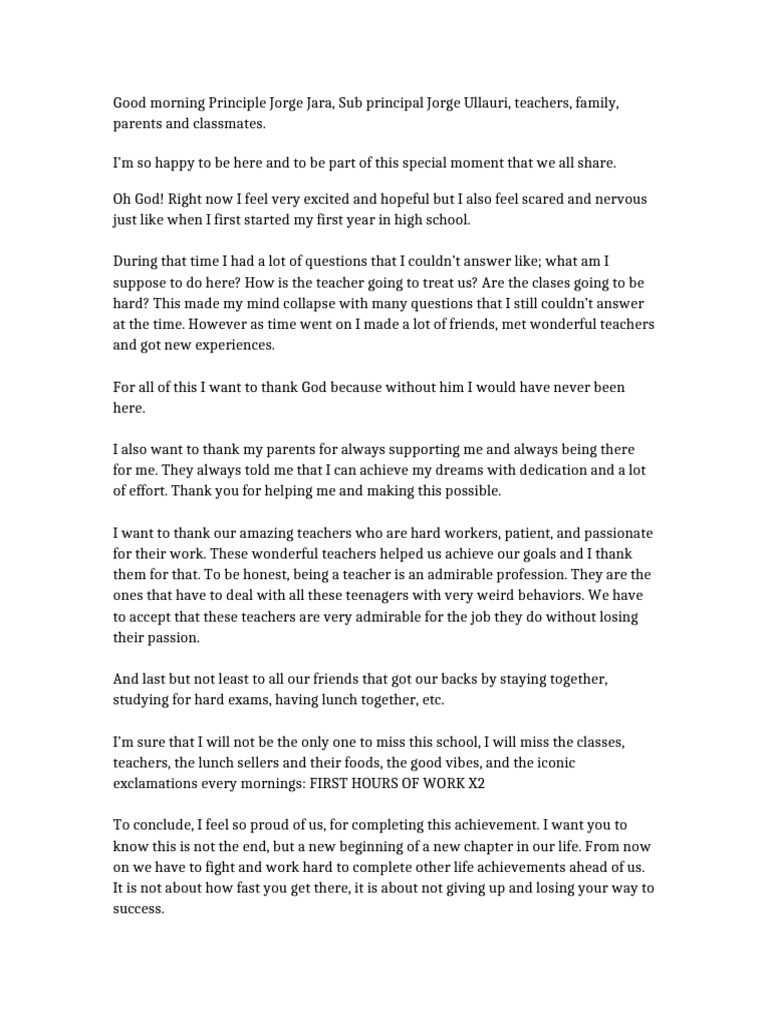 High School Graduation Speech Reflection | PDF